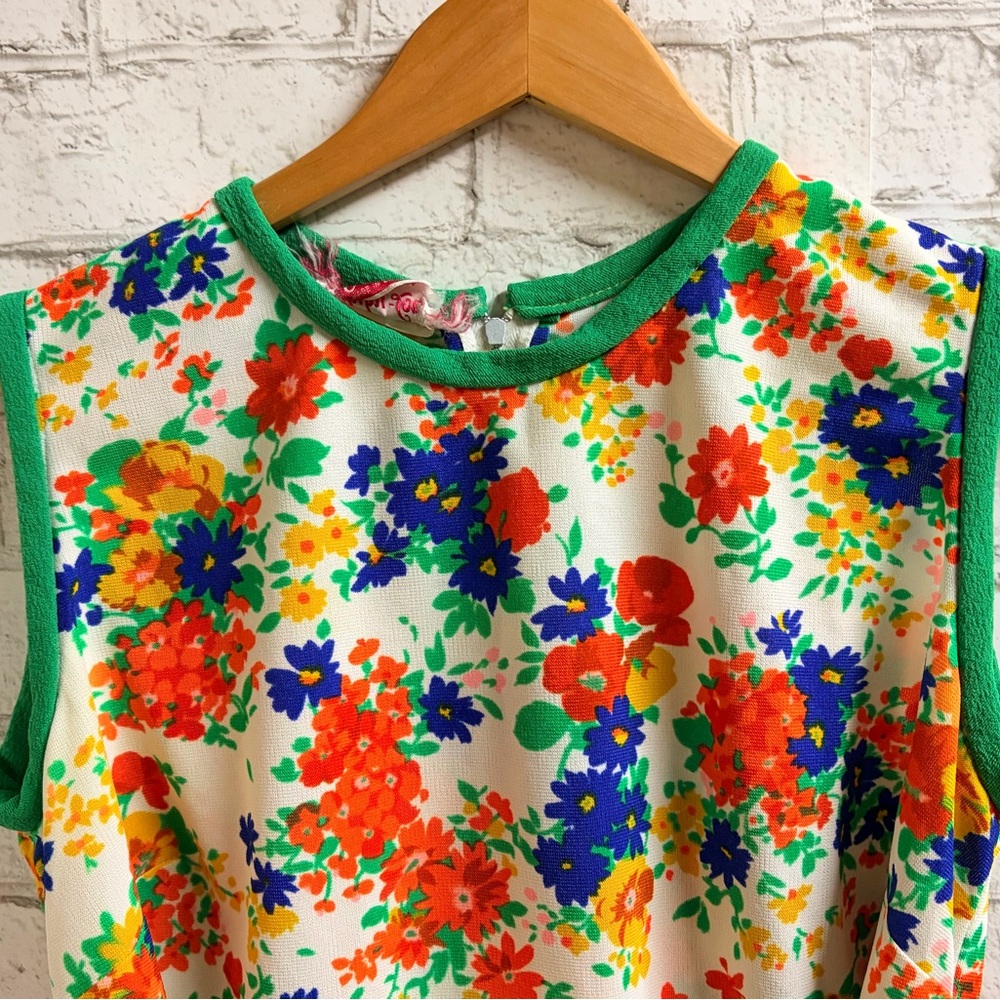 Vintage 70’s Sleeveless Floral Midi Dress with Green Trim - Picture 5 of 8